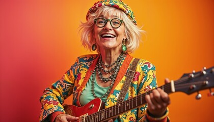 Joyful elderly woman playing guitar with colorful clothing and vibrant background