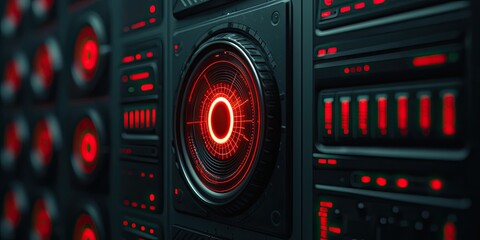 Fototapeta premium Cybersecurity ransomware concept. Futuristic control panel with glowing red circular interface and intricate circuitry.