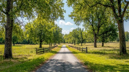 Fototapeta premium A scenic pathway lined with trees, leading through a vibrant green landscape under a bright blue sky.