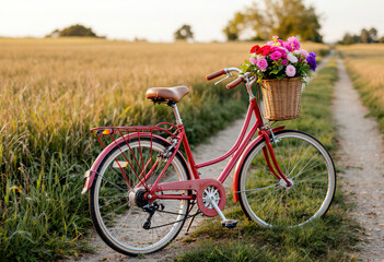 Obraz premium A red bicycle with a basket full of flowers parked on a dirt path in a rural field