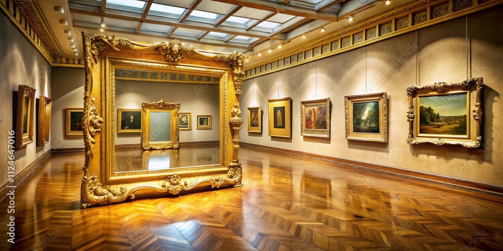 Poster aerial view of an empty golden picture frame on museum wall surrounded by art pieces in a brightly l