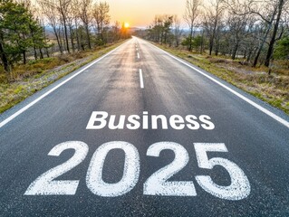 A serene road stretching towards a sunset, featuring the words "Business 2025" painted on the asphalt, symbolizing future opportunities and growth.