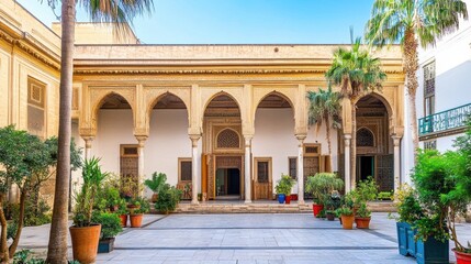 Obraz premium Vibrant Moroccan-Inspired Courtyard with Lush Greenery and Architectural Details