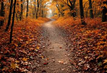 Obraz premium A winding dirt path through a dense forest in autumn, with fallen orange and red leaves covering the ground and trees with vibrant fall foliage lining the path