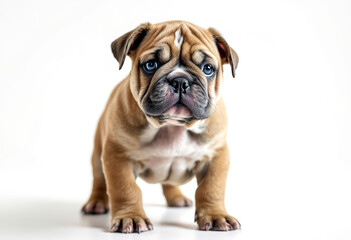 Obraz premium A young brown bulldog puppy with a wrinkly face and short fur, standing on a white background