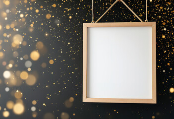 A wooden frame hanging in the air with a blank white canvas inside, surrounded by golden glitter or sparkles against a dark background