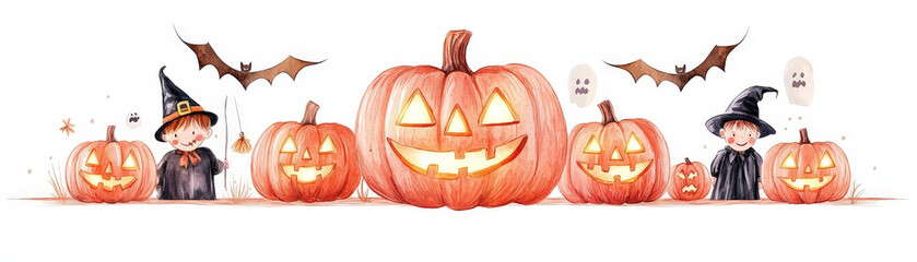 Cute Halloween featuring children in costumes with pumpkins