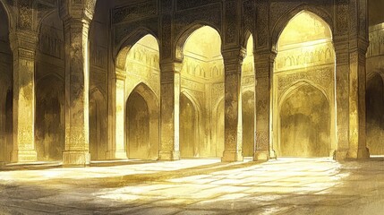 Majestic Architectural Grandeur: Intricate Islamic Arches and Columns in a Luminous Sanctuary