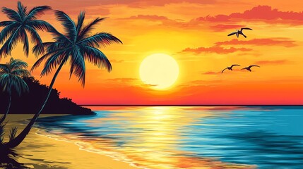 A scenic sunset over the ocean, with palm trees in the foreground and birds flying overhead.