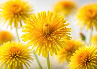 Naklejka premium Aerial Drone Shot Dandelion Flowers White Background Studio Photography Isolated Yellow Bloom Macro