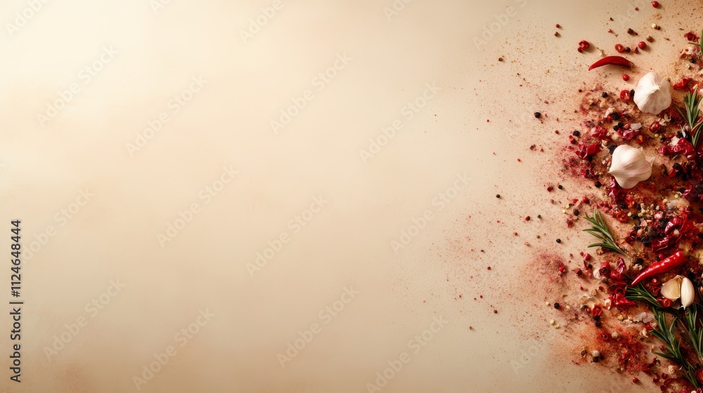 Poster a medium close-up view showcases a vibrant mix of spices like garlic and chili scattered across a ru