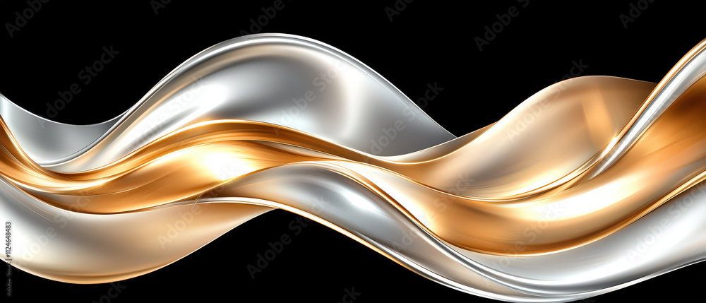 Poster shimmering digital abstract background featuring flowing silver and gold waves, creating sense of el