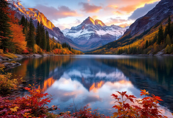Obraz premium Majestic mountain range reflected in a serene lake at sunset, with colorful fall foliage surrounding the water