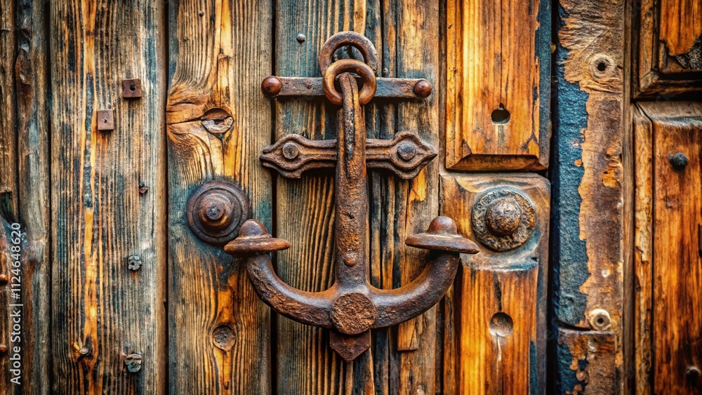 Poster aerial view of an old door handle designed as an anchor, showcasing textures and details in a rustic
