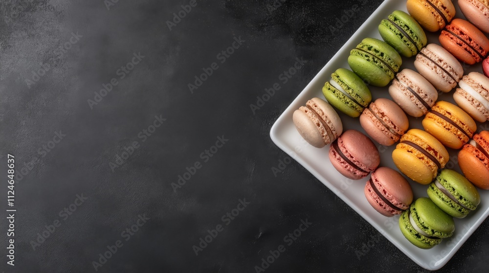 Poster a row of pastel-colored macarons sits elegantly on a decorative plate, illuminated by soft lighting,