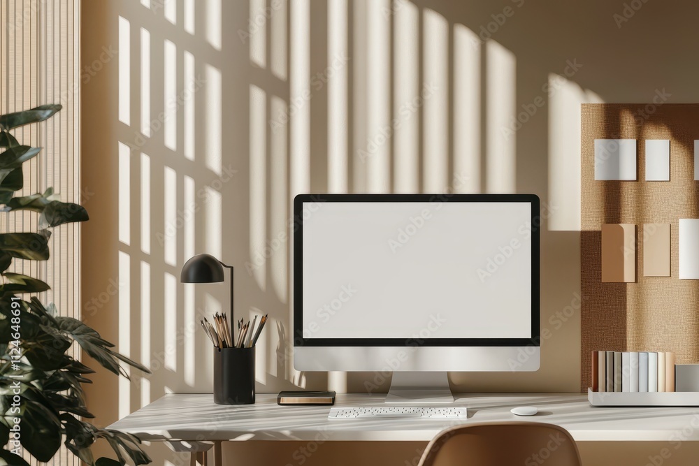 Poster modern workspace with a minimalist design featuring a computer and natural light