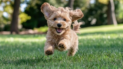 A playful puppy running joyfully across a park, ears flopping in the wind, with a bright smile.