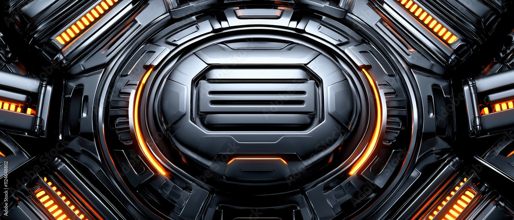 Poster sleek digital abstract background with metallic texture and glowing orange accents. this futuristic 