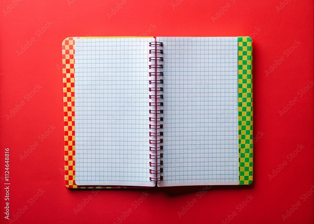 Poster aerial view of an open notebook with blank checkered pages on a bright red background, ideal for cre