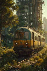 Naklejka premium Futuristic post-apocalyptic desolate city train station in ruins, abandoned skyscrapers covered in climbing plants, old suitcase on railroad, deserted city