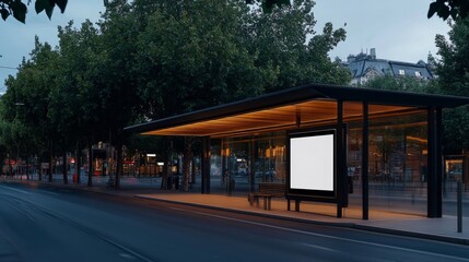 Fototapeta premium A medium shot captures a blank billboard in a sleek black border at a bus shelter, surrounded by greenery, creating an open atmosphere during twilight