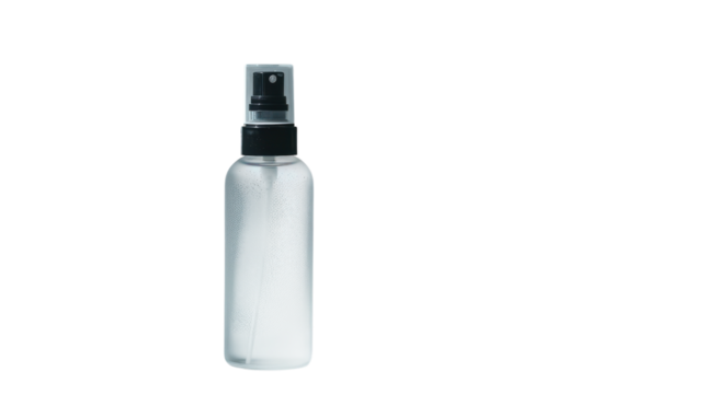 A clear spray bottle emits a fine mist in soft natural light on a minimalistic background on transparent background