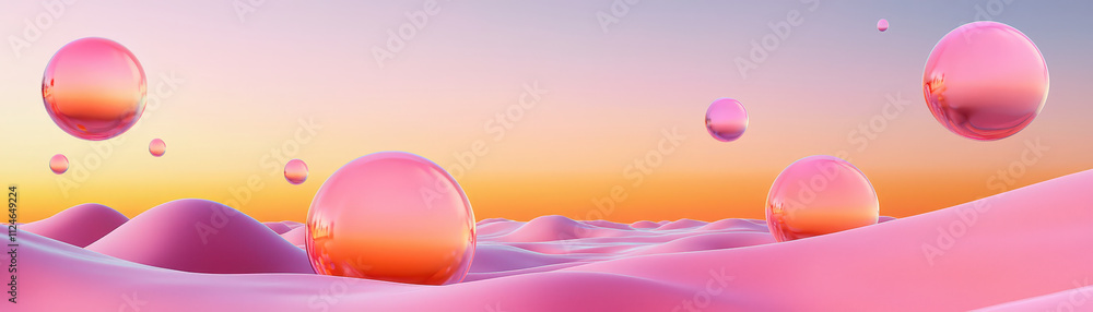 Poster soothing digital abstract background featuring pink bubbles on soft waves, creating serene atmospher