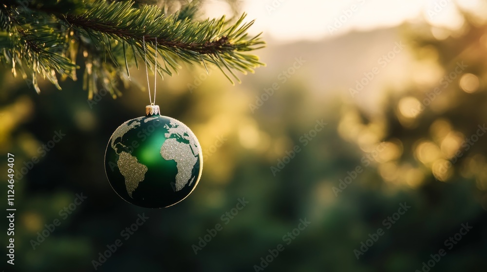 Poster a globe-shaped ornament designed to look like earth hangs gracefully from a pine branch, adorned in 