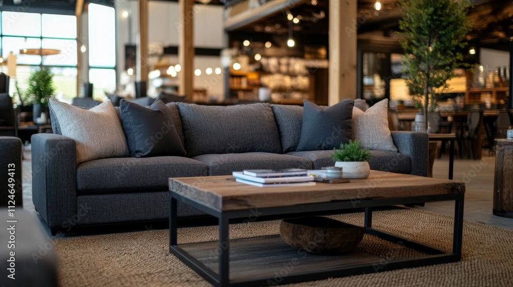 Poster a warm and inviting living room showcases a soft gray sofa with textured cushions alongside a rustic