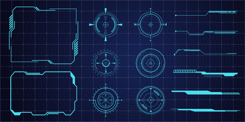 Futuristic HUD frames, borders text box target game menu ui panel. Line tech line bar. Screen elements Sci Fi for Gaming UX UI