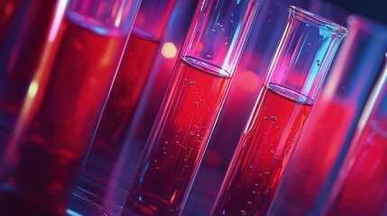 Glass test tubes filled with red liquid against neon-lit background. Scientific research concept with bubbling substances creating futuristic laboratory atmosphere in pink and blue tones
