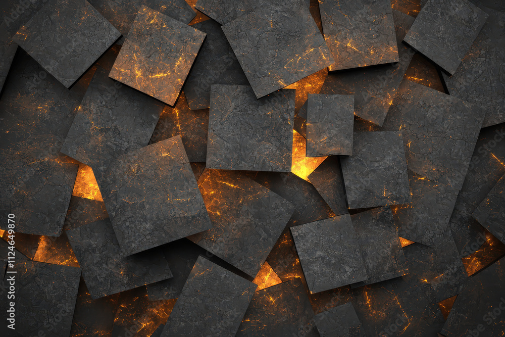 Poster textured dark background with glowing elements, featuring layered squares. interplay of light and sh