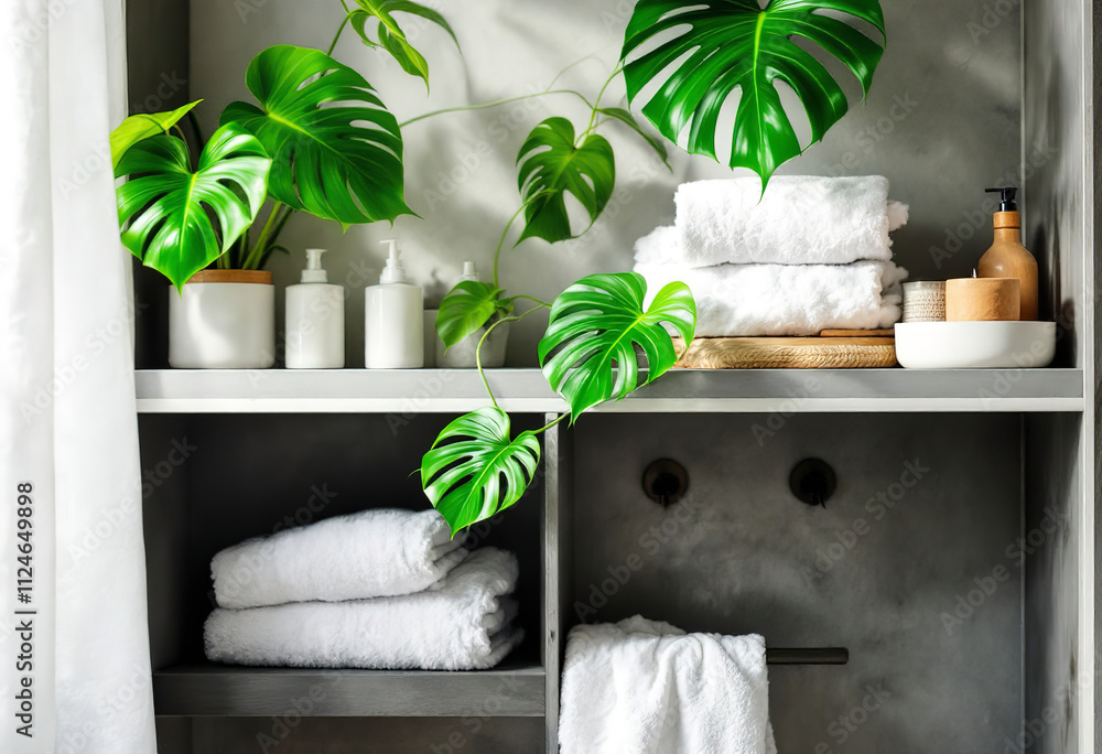 Wall mural A bathroom shelf with green monstera leaves, white towels, and various bathroom accessories