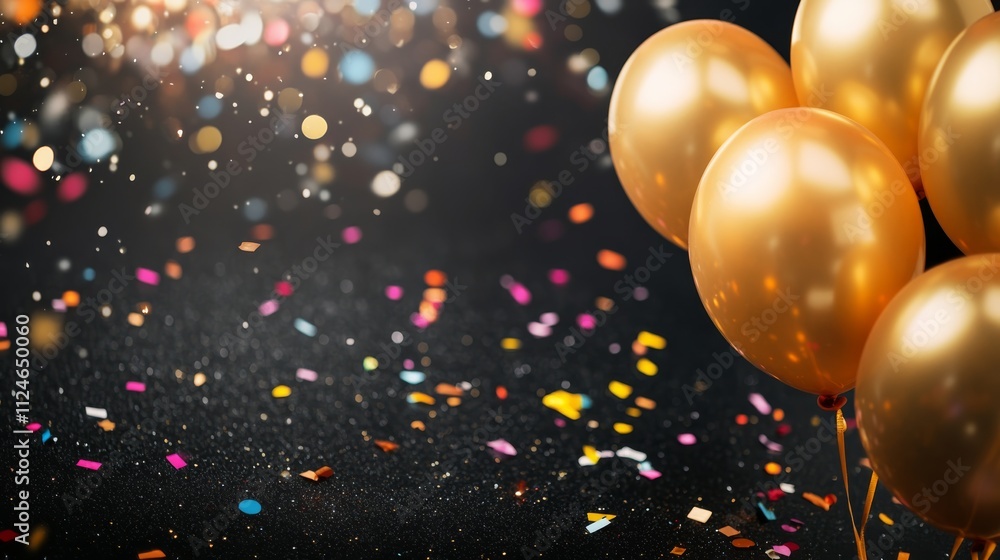 Aufkleber golden balloons and vibrant confetti create a joyful atmosphere on a black surface, inviting celebra
