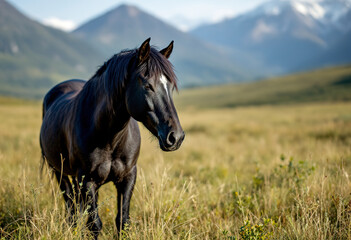 A black horse standing in a grassy field with mountains in the background