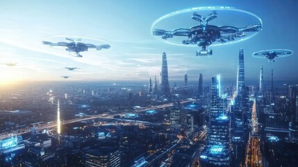 Fototapeta premium Futuristic holographic city grid, hovering drones, smart buildings with digital screens, clean and high-tech design, glowing virtual streets and roads, sci-fi utopia 