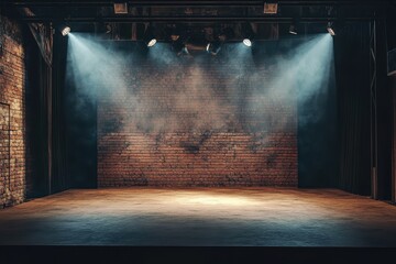 Empty stage with dramatic lighting and brick wall background ready for performance based in a theater