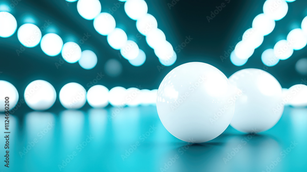 Poster White spheres on reflective surface with glowing blue lights in background create modern and surreal atmosphere. composition emphasizes depth and contrast