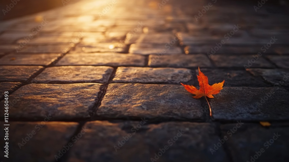 Poster a single autumn leaf in vivid colors sits on a cobblestone path, bathed in gentle morning light, cas