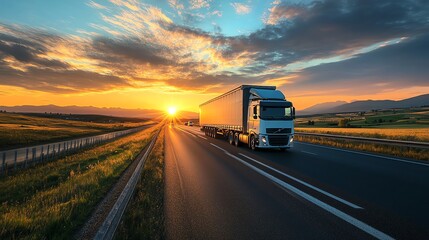 A white semi-truck drives on a highway through a scenic landscape at sunset.
