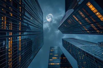 Skyscrapers dominate the urban skyline, their glass facades reflecting the moon while clouds drift overhead. Lights from the buildings create a vibrant nighttime atmosphere.