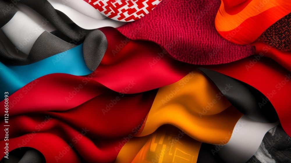 Poster Vibrant collage showcasing overlapping layers of abstract fashion elements with bold colors and geometric patterns, presenting a modern and colorful visual style