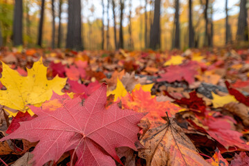 Vibrant autumn forest with colorful fallen leaves in red, yellow, and orange hues, creating picturesque scene of nature beauty. ground is covered with rich tapestry of leaves