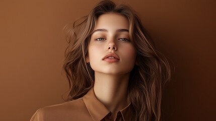 Elegant portrait of a model with flowing hair against a warm, textured backdrop