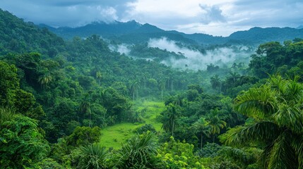 A lush green forest with a misty, cloudy sky above