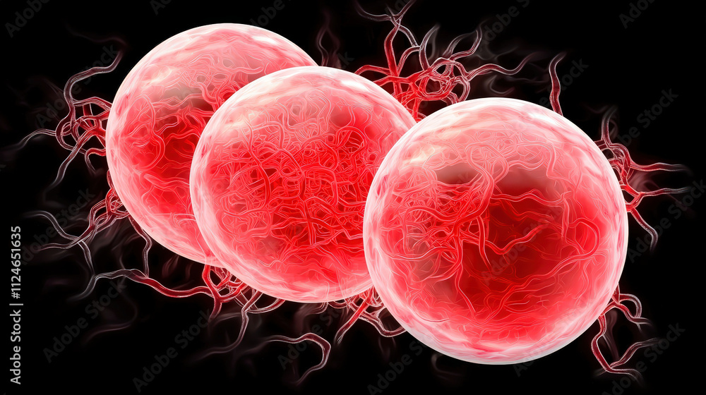 Poster red spheres with intricate patterns, representing cells or microorganisms, set against dark backgrou