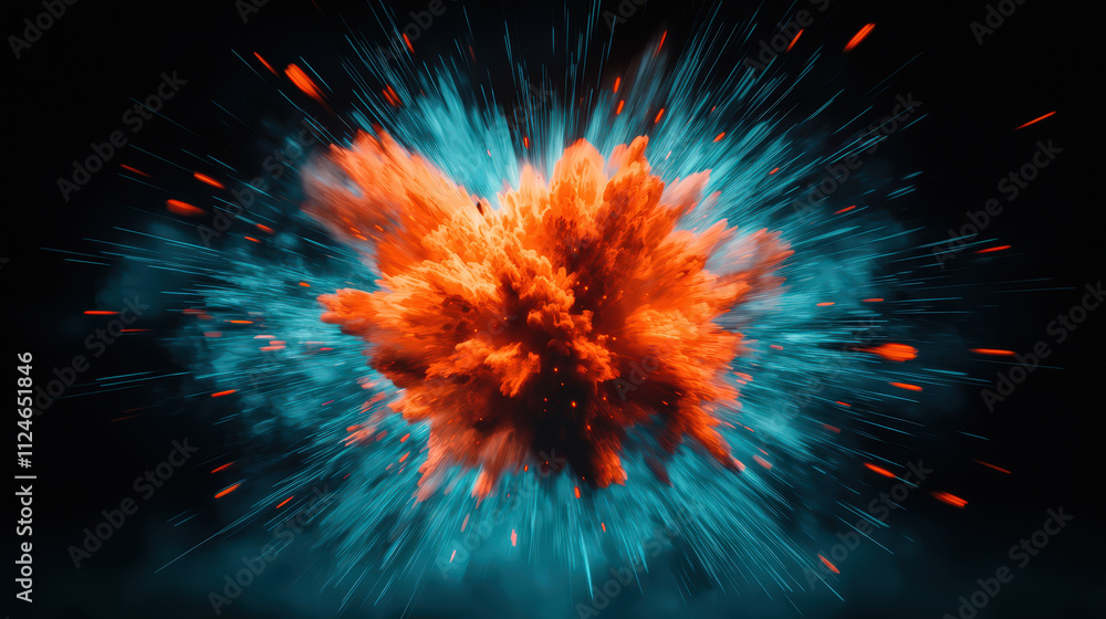 Poster vivid explosion of orange and blue colors creates dynamic abstract background, showcasing energy and