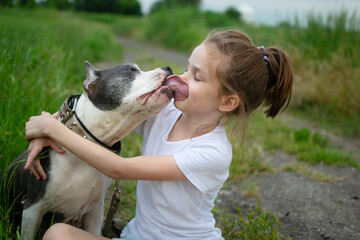 Interaction between girl and dog