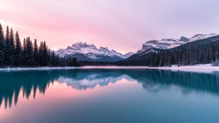 Fototapete Rund Snowy mountain peaks stand tall as their reflections shimmer in a calm lake at dawn, surrounded by evergreen trees and bathed in gentle pastel light © Elena