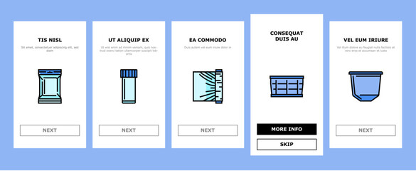 plastic packaging food container onboarding mobile vector bag bottle, pack box, product, tableware jar, blister, tray, sachet, wrap, pod tub plastic packaging food container illustrations